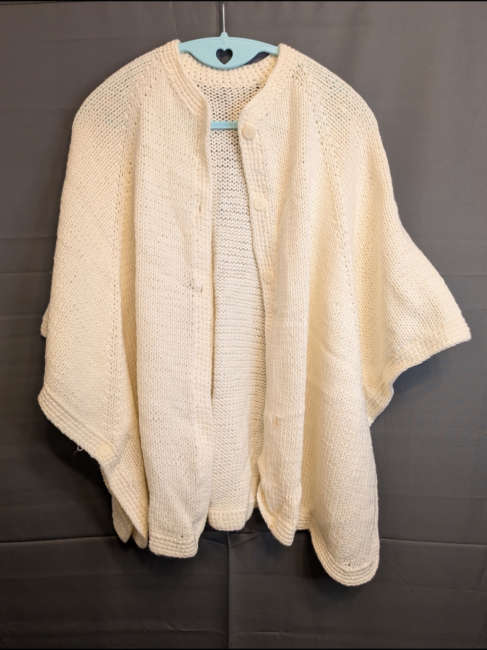Cream Button-Front Knit Poncho Shrug with Round Buttons